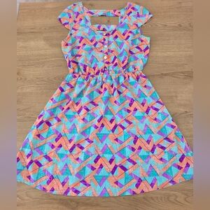 Charlotte Russr Colorful Geometric A-Line Dress in Turquoise, Coral & Purple